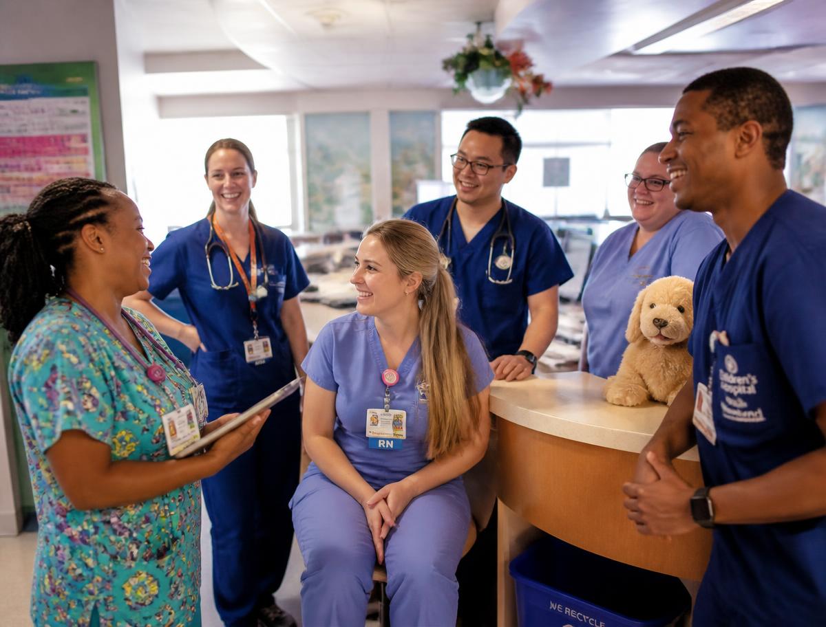 Nurses and doctors at a hospital station